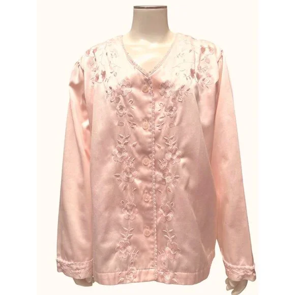Nordstrom Intimates Size L Blush Pink Satin Embroidered Floral Lounge Top - Picture 2 of 11